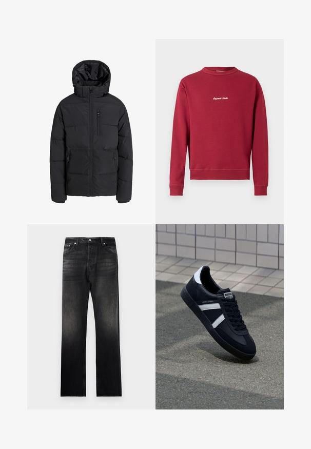 Veste d'hiver matelassée noire avec capuche, fermeture éclair frontale, fermeture éclair sur la poche poitrine et deux poches latérales zippées sur fond uni.; Sweatshirt bordeaux en mélange de coton avec un col rond, des poignets et un ourlet côtelés. Présente un texte brodé blanc "Original Studio" sur le devant.; Jean en denim noir avec une coupe droite, présentant un effet dégradé usé, un design à cinq poches et des accents en métal.; Sneaker en cuir noir avec des rayures blanches, semelle en caoutchouc texturée et devant à lacets. Présente une étiquette de marque sur la languette.