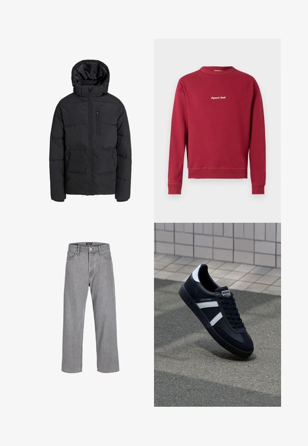 Sort foret vinterjakke med hætte, frontlynlås, lynlås på brystlomme og to lynlåslommer i siderne på ensfarvet baggrund.; Bordeaux sweatshirt lavet af en bomuldsblanding med rund hals, ribbede manschetter og nederste kant. Har hvidt broderet tekst "Original Studio" på forsiden.; Grå denimbukser med en afslappet, løs pasform. Har et traditionelt fem-lomme design og en knaplukning i taljen.; Sort lædersneaker med hvide striber, tekstureret gummisål og snørrebånd foran. Har et brandet mærke på tungen.