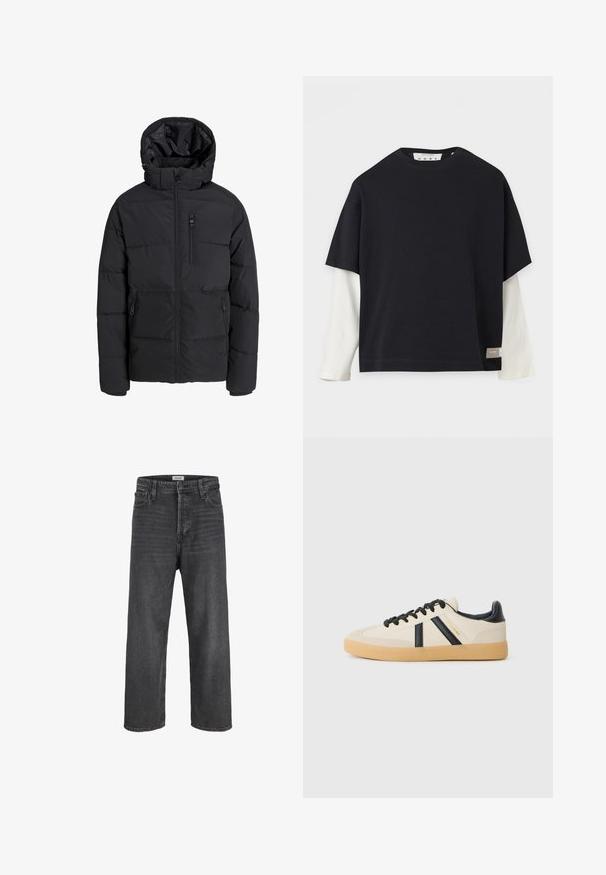 Zwarte gewatteerde winterjas met capuchon, rits aan de voorkant, borstzak met rits en twee zijzakken met ritssluiting op effen achtergrond.; Zwart shirt met korte mouwen laagjes over een wit shirt met lange mouwen met een klein label aan de onderkant rechtvoor.; Zwarte rechte jeans met hoge taille, voorzien van knoop- en ritssluiting, riemlussen en voor- en achterzakken.; Casual sneakers in crème met zwarte strepen, voorzien van een gestructureerde bovenkant en een gumrubberen zool. Veters zijn zwart. Subtiel logo aan de zijkant.