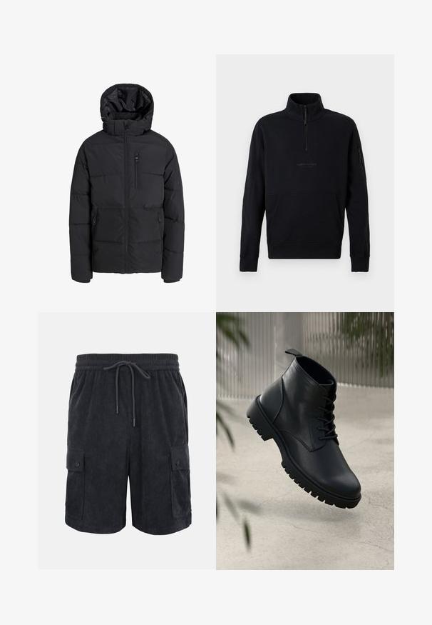 Veste d'hiver matelassée noire avec capuche, fermeture éclair frontale, fermeture éclair sur la poche poitrine et deux poches latérales zippées sur fond uni.; Sweat-shirt noir à fermeture éclair quart de zip avec col montant, manches longues, poche avant kangourou et poche zippée sur le bras gauche.; Short cargo en velours côtelé noir avec taille élastique, cordon de serrage, poches latérales à rabat et fermetures à boutons, présenté sur un fond uni.; Bottines en cuir noir avec un bout rond, un laçage, et une semelle en caoutchouc robuste. Texture lisse avec une languette à l'arrière.