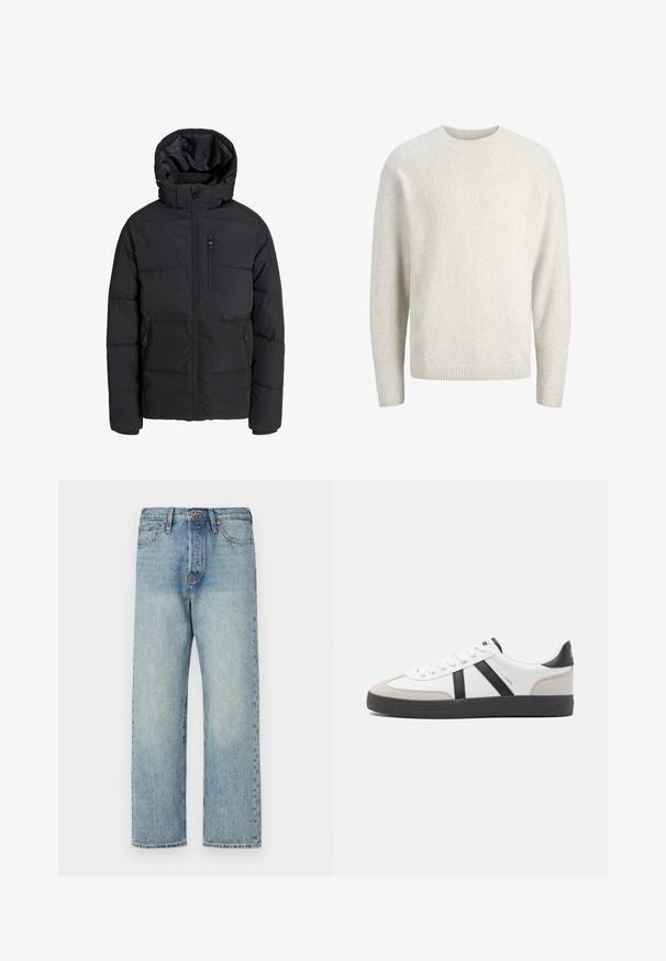 Veste d'hiver matelassée noire avec capuche, fermeture éclair frontale, fermeture éclair sur la poche poitrine et deux poches latérales zippées sur fond uni.; Pull long uni de couleur crème avec un col rond et des poignets et ourlet côtelés.; Jeans en denim bleu clair avec une coupe droite, cinq poches et des détails en bronze. Légère décoloration avec une finition propre.; Baskets blanches avec des accents noirs et gris, présentant un embout texturé gris, une semelle en caoutchouc noir et des lacets plats blancs. Design épuré, style minimaliste.