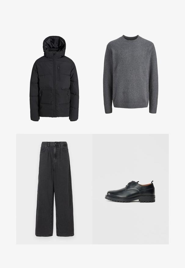 Chaqueta de invierno acolchada negra con capucha, cremallera frontal, cremallera en el bolsillo del pecho y dos bolsillos laterales con cremallera sobre fondo liso.; Suéter de lana gris oscuro con cuello redondo, mangas largas y puños, cuello y dobladillo acanalados.; Pantalones de denim negros de tiro alto y pierna ancha, con cierre de botón y cremallera en el frente, que cuentan con bolsillos laterales y una textura suave.; Zapatos derby de cuero negro con una textura suave, punta redondeada, diseño de cordones y una suela de goma gruesa y resistente.