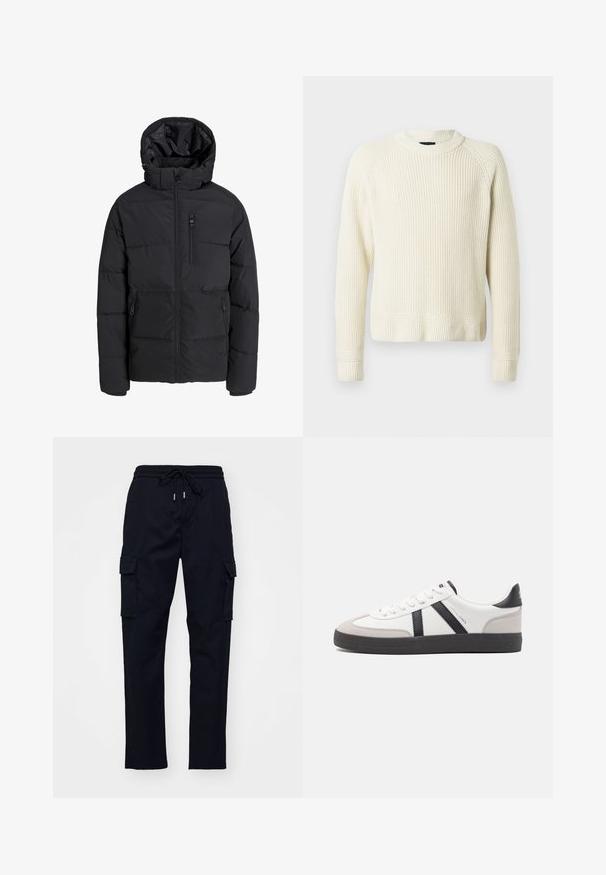 Veste d'hiver matelassée noire avec capuche, fermeture éclair frontale, fermeture éclair sur la poche poitrine et deux poches latérales zippées sur fond uni.; Pull en maille couleur crème avec des manches longues, des poignets et un ourlet côtelés, et un col rond sur un fond blanc uni.; Pantalons cargo noirs avec taille élastique, cordon de serrage et deux poches latérales. Tissu lisse avec une coupe fuselée.; Baskets blanches avec des accents noirs et gris, présentant un embout texturé gris, une semelle en caoutchouc noir et des lacets plats blancs. Design épuré, style minimaliste.
