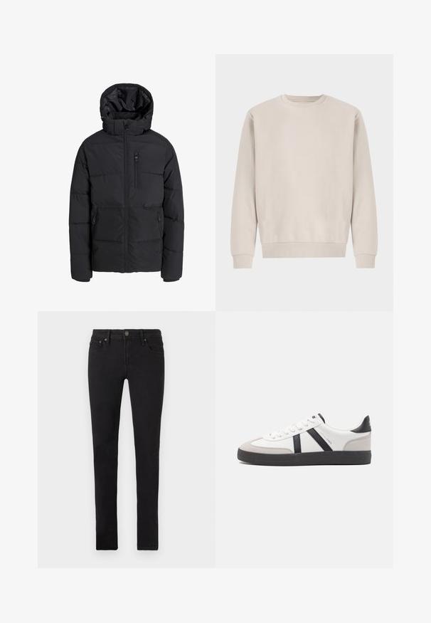 Zwarte gewatteerde winterjas met capuchon, rits aan de voorkant, borstzak met rits en twee zijzakken met ritssluiting op effen achtergrond.; Beige crewneck sweatshirt gemaakt van zachte katoen, met een ontspannen pasvorm, ribgebreide boorden en zoom, zonder zichtbare patronen of hardware.; Zwarte slim-fit jeans met vijf zakken, knoopsluiting en riemlussen, plat weergegeven op een witte achtergrond.; Witte sneaker met zwarte en grijze accenten, voorzien van een grijze neus met textuur, zwarte rubberen zool en platte witte veters. Schoon ontwerp, minimalistische stijl.