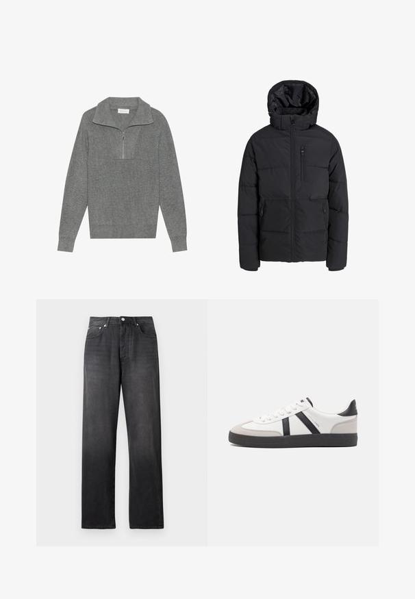Veste d'hiver matelassée noire avec capuche, fermeture éclair frontale, fermeture éclair sur la poche poitrine et deux poches latérales zippées sur fond uni.; Pull en maille côtelée gris avec col zippé quart, manches longues et tissu en tricot texturé. Pas de logos ou motifs visibles.; Jean noir taille haute à jambes droites avec bouton et fermeture éclair à l'avant, deux poches avant et un léger délavage.; Baskets blanches avec des accents noirs et gris, présentant un embout texturé gris, une semelle en caoutchouc noir et des lacets plats blancs. Design épuré, style minimaliste.