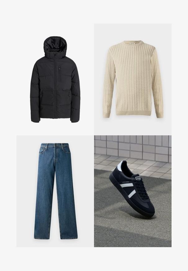Schwarze gesteppte Winterjacke mit Kapuze, Frontreißverschluss, Reißverschluss an der Brusttasche und zwei zippered Seitentaschen auf einfarbigem Hintergrund.; Only & Sons ONSBRANT CREW KNIT - T-Shirt print - beige; Dunkelblaue Jeans aus Denim mit einem lässigen Schnitt, geraden Beinen, fünf Taschen und kontrastierenden Nähten. Verfügt über einen Frontknopf und einen Reißverschluss.; Schwarze Leder-Sneaker mit weißen Streifen, strukturiertem Gummisohle und Schnürung. Verfügt über ein Markenetikett auf der Zunge.