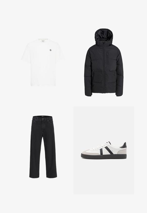 Schwarze gesteppte Winterjacke mit Kapuze, Frontreißverschluss, Reißverschluss an der Brusttasche und zwei zippered Seitentaschen auf einfarbigem Hintergrund.; Weißes Kurzarm-T-Shirt mit Rundhalsausschnitt und einem kleinen grauen geometrischen Logo auf der linken Brust. Hergestellt aus weichem Baumwollmaterial.; Schwarze gerade geschnittene Jeans aus Denim mit Knopf- und Reißverschluss, Gürtelschlaufen sowie Vorder- und Gesäßtaschen.; Weiße Sneaker mit schwarz- und grau-aczenten, ausgestattet mit einer strukturierten grauen Zehenkappe, schwarzer Gummi-Sohle und flachen weißen Schnürsenkeln. Sauberes Design, minimalistische Stil.