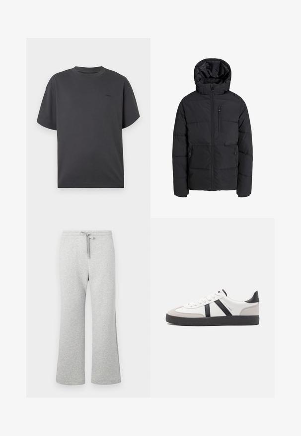 Zwarte gewatteerde winterjas met capuchon, rits aan de voorkant, borstzak met rits en twee zijzakken met ritssluiting op effen achtergrond.; Donkergrijze, kortere mouw, crew neck t-shirt met een subtiele kleine logo op de linkerkant van de borst, weergegeven op een witte achtergrond.; Lichtgrijze sweatpants van een katoenmix met rechte pijpen, elastische tailleband, trekkoord en zijzakken, plat getoond op een witte achtergrond.; Witte sneaker met zwarte en grijze accenten, voorzien van een grijze neus met textuur, zwarte rubberen zool en platte witte veters. Schoon ontwerp, minimalistische stijl.