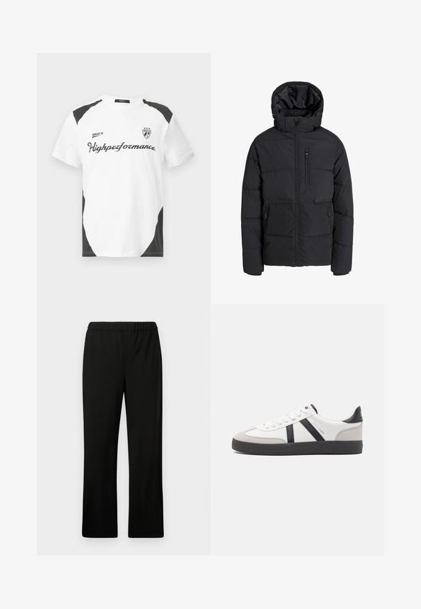 Schwarze gesteppte Winterjacke mit Kapuze, Frontreißverschluss, Reißverschluss an der Brusttasche und zwei zippered Seitentaschen auf einfarbigem Hintergrund.; Weißes Kurzarm-T-Shirt mit schwarzen Akzenten. Verfügt über das Logo "REPLAY FC" und den Text "Highperformance" in einer sportlichen Schriftart. Hergestellt aus einem glatten Material.; Schwarze elastische Hose mit geradem Bein. Hergestellt aus glattem Stoff, ohne sichtbare Muster oder Verzierungen.; Weiße Sneaker mit schwarz- und grau-aczenten, ausgestattet mit einer strukturierten grauen Zehenkappe, schwarzer Gummi-Sohle und flachen weißen Schnürsenkeln. Sauberes Design, minimalistische Stil.