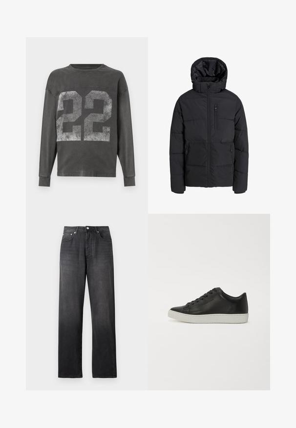Schwarze gesteppte Winterjacke mit Kapuze, Frontreißverschluss, Reißverschluss an der Brusttasche und zwei zippered Seitentaschen auf einfarbigem Hintergrund.; Dunkelgrauer Langarm-Sweatshirt mit großem, verblasstem weißen Aufdruck der Nummer 22 auf der Vorderseite, Rundhalsausschnitt und gerippten Bündchen.; Schwarze hochgeschnittene Straight-Leg-Jeans mit Vorderknopf und Reißverschluss, zwei vorderen Taschen und subtilen Ausbleichungen.; Schwarze Leder-Sneaker mit runder Spitze, flacher weißer Gummisohle und einer Schnürung mit sechs Ösen. Glatte Textur, minimalistischer Stil.