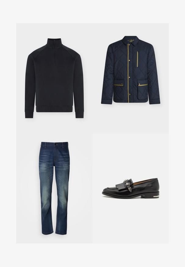 Veste matelassée bleu marine avec des accents dorés, dotée d'un col, de boutons à l'avant et de quatre poches, dont deux avec rabats et deux avec fermetures éclair.; Pull noir à manches longues avec demi-fermeture éclair devant, col montant, poignets et bas côtelés, présenté sur fond blanc.; Jean en denim bleu foncé avec une coupe droite, présentant un délavage à l'avant, une braguette à boutons et un design classique à cinq poches.; Mocassin en cuir noir avec des détails en frange, accents en métal argenté, bout arrondi et un petit talon empilé avec un bord décoratif.