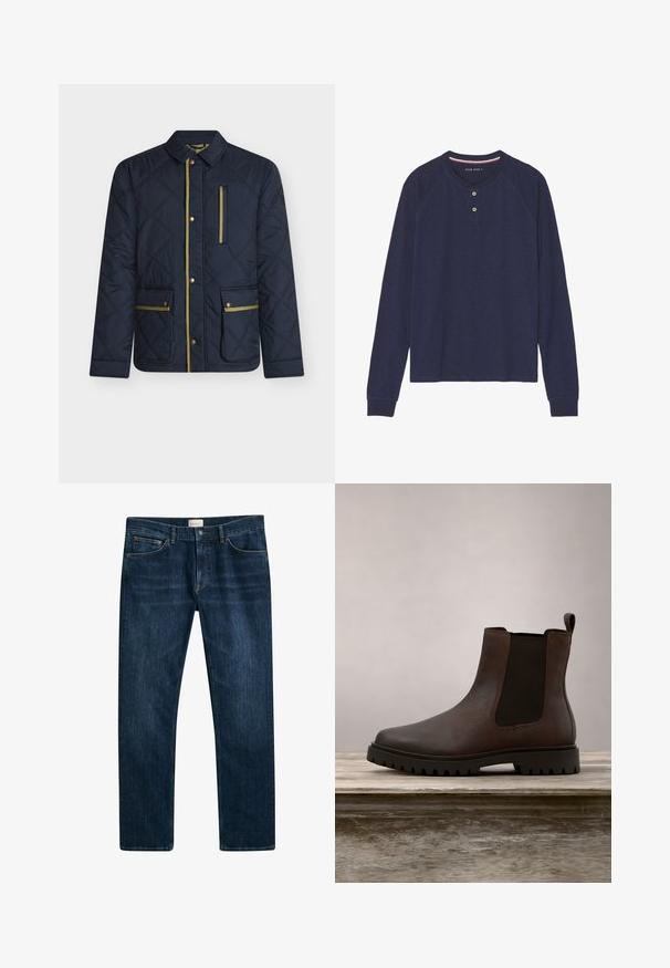 Marineblå quiltet jakke med gulddetaljer, der har en krave, knapper foran og fire lommer, to med klapper og to med lynlåse.; Langærmet, mørkeblå henley-shirt med rund halsudskæring, to-knaps lukning og ribbede ærmekanter. Blød tekstur, afslappet design.; Mørkeblå denim jeans med lige ben, knap- og lynlåslukning samt forlommer. Glat tekstur og minimal falmning.; Brun læder ankelstøvle med elastiske sidepaneler, struktureret overflade, rund tå og en profilsål, sat mod en sløret grøn græsbaggrund.