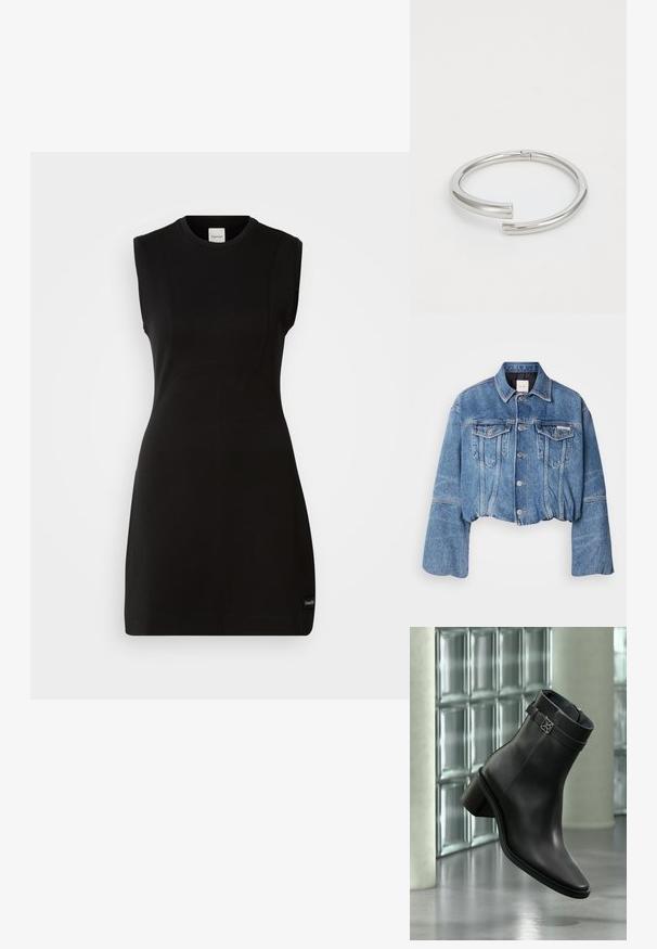 Chaqueta vaquera corta en azul medio con dos bolsillos delanteros, botones plateados y cuello clásico. Presenta un ajuste ligeramente holgado y una textura suave.; Vestido negro ajustado sin mangas de Calvin Klein con escote redondo y sutiles detalles de costura sobre un fondo blanco.; Bota de cuero negro para tobillo con tacón bajo y bloque, y una correa decorativa, mostrada en un entorno interior moderno y minimalista.; Calvin Klein SPIRAL - Pulsera - silver-coloured