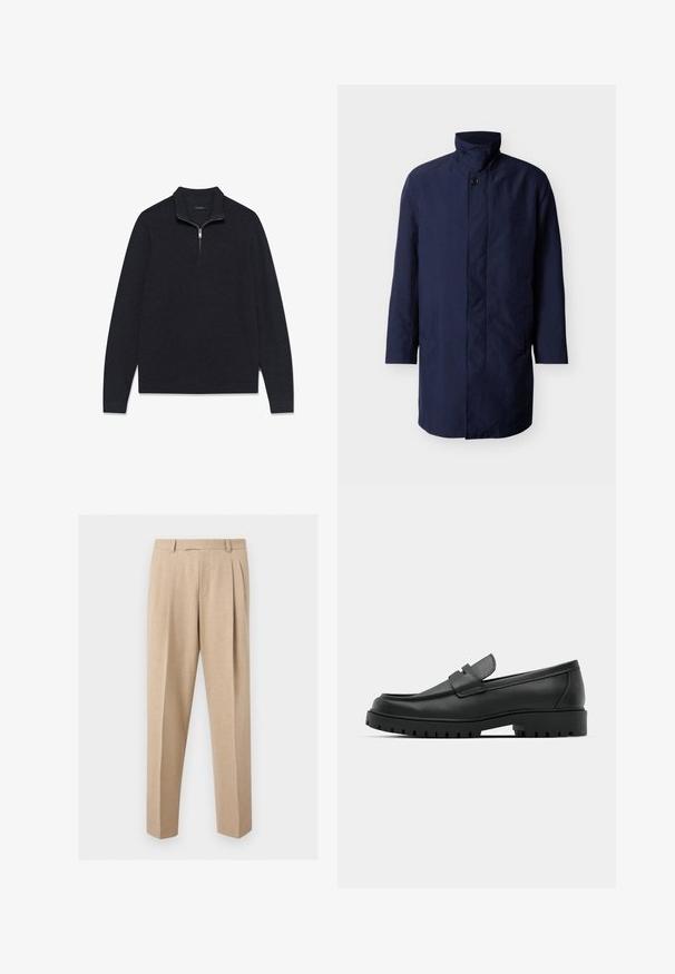 Manteau mi-long pour homme bleu marine avec col montant, fermeture à boutons sur le devant et poches latérales sur fond blanc uni.; Pull-over gris foncé en tissu texturé, doté d'un col à demi-fermeture éclair et de manches longues, avec un ourlet et des poignets côtelés.; Pantalon beige sur mesure avec plis sur le devant, passants de ceinture et jambes droites, présenté sur un fond clair et uni.; Mocassins en cuir noir à bout arrondi, avec un design cousu, une semelle plateforme basse et une semelle en caoutchouc texturée et crantée.