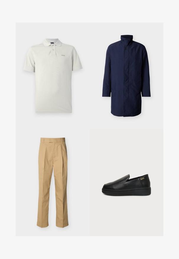 Manteau mi-long pour homme bleu marine avec col montant, fermeture à boutons sur le devant et poches latérales sur fond blanc uni.; Polo gris clair en tissu doux, avec un col classique, deux boutons, des manches courtes et un logo discret sur la poitrine.; Pantalon beige en coton lisse à taille haute, avec des plis à l'avant et des jambes droites. Aucun équipement visible ni motifs.; Chaussure noire en cuir à enfiler avec semelle épaisse et petits trous de ventilation latéraux, avec un logo doré "HUGO" près du talon.