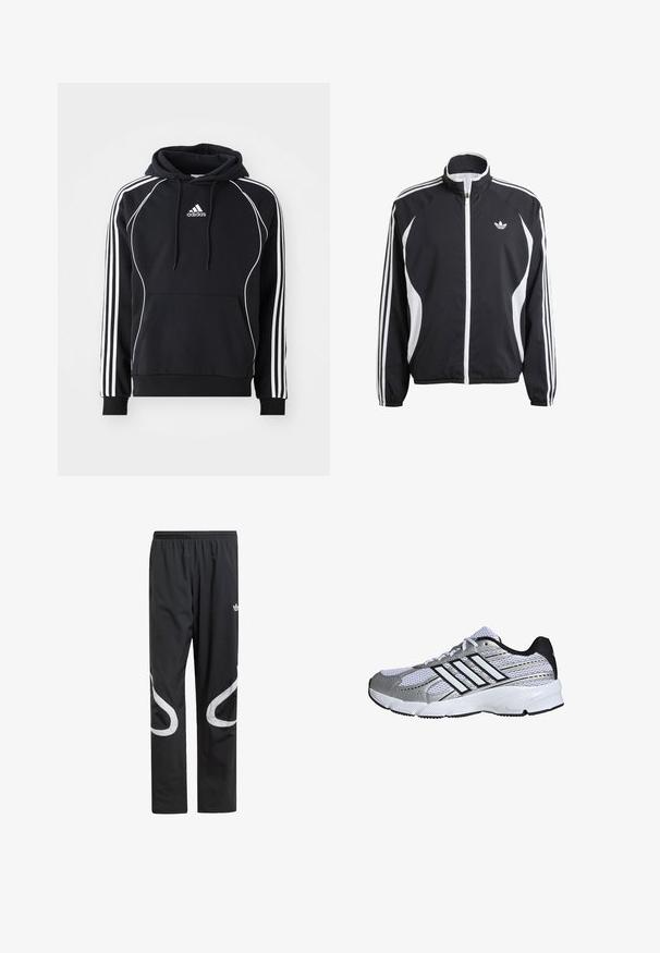 Zwarte zipjack met witte accenten, voorzien van drie witte strepen langs elke mouw en een klein wit logo op de borst. Lichtgewicht materiaal.; Zwarte Adidas hoodie met witte strepen op de mouwen, witte piping aan de voorkant, een voorvak en een capuchon met trektouw.; Zwarte sportbroek met een elastische tailleband, voorzien van grote witte gebogen accenten aan de zijkanten en een klein logo op de bovenbenen.; Mesh sportieve schoenen in wit en zilver, met zwarte accenten, drie witte streeplogo, gevoerde kraag en een gestructureerde rubberen zool.