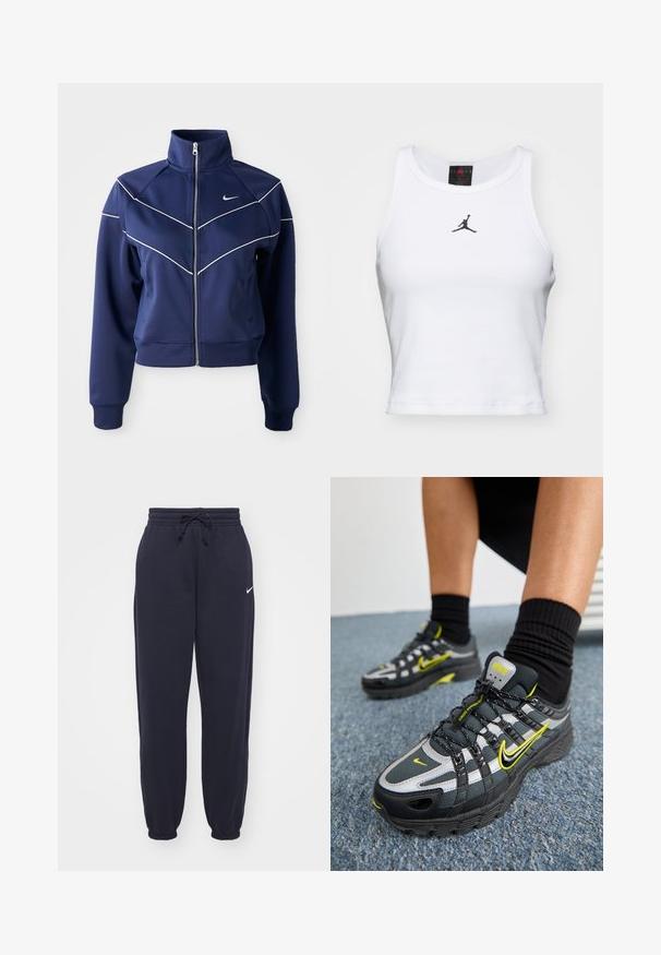 Chaqueta navy con cremallera hecha de una tela suave, presenta un collar alto, costuras en forma de chevrón blancas y bolsillos laterales. Logo de Nike en el pecho.; Top corto blanco de algodón con textura acanalada. Cuenta con un logo negro de Jordan en el centro y un clásico escote redondo.; Pantalones de chándal Nike en azul marino, hechos de un material suave. Cuenta con una cintura elástica con cordón y tobillos ajustados. Pequeño acento con el logo blanco.; Zapatillas deportivas en negro y gris con acentos reflectantes plateados, paneles de malla texturizada y detalles en amarillo brillante. Diseño con cordones y suela estructurada.