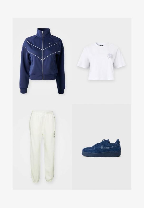 Marineblaue Zip-Jacke aus glattem Stoff mit hohem Kragen, weißen Chevron-Nähten und Seitentaschen. Nike-Logo auf der Brust.; Weißes, kurzes, bauchfreies T-Shirt mit kleinem abstraktem Linienkunst- und Sternmuster im oberen linken Brustbereich.; Helle beige Jogginghose mit elastischem Bund, seitlichen Taschen und gerippten Säumen. Verfügt über ein grafisches Logo am linken Oberschenkel.; Navyblaue Wildledersneaker mit glattem Leder-Swoosh, rundem Zeh, Schnürverschluss und strukturiertem Gummi-Außensohle. Mit "AIR"-Markierung.