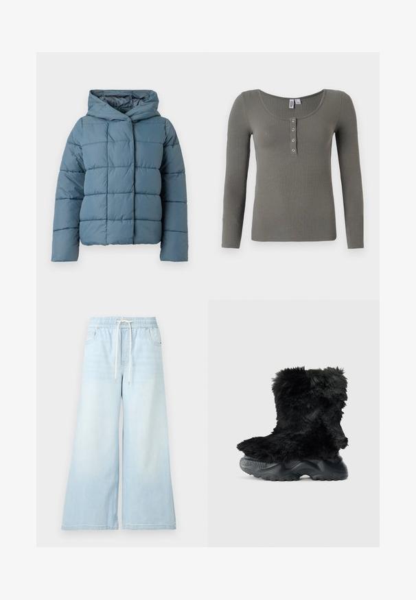 Veste à capuchon matelassée de couleur bleu doux. Elle présente un motif quadrillé, une fermeture à bouton-pression à l'avant et de longues manches. Confectionnée en matériau léger et isolant.; Haut à manches longues en vert olive à côtes, avec encolure dégagée et quatre boutons-pression argentés sur la patte de boutonnage avant.; Pantalon en jean bleu clair à jambes larges avec taille élastique et cordon blanc, doté de poches avant et d’un léger effet délavé.; Bottines noires en fourrure avec un dessus texturé, dotées d'une épaisse semelle en caoutchouc noir et d'un motif cranté pour une bonne adhérence et stabilité.