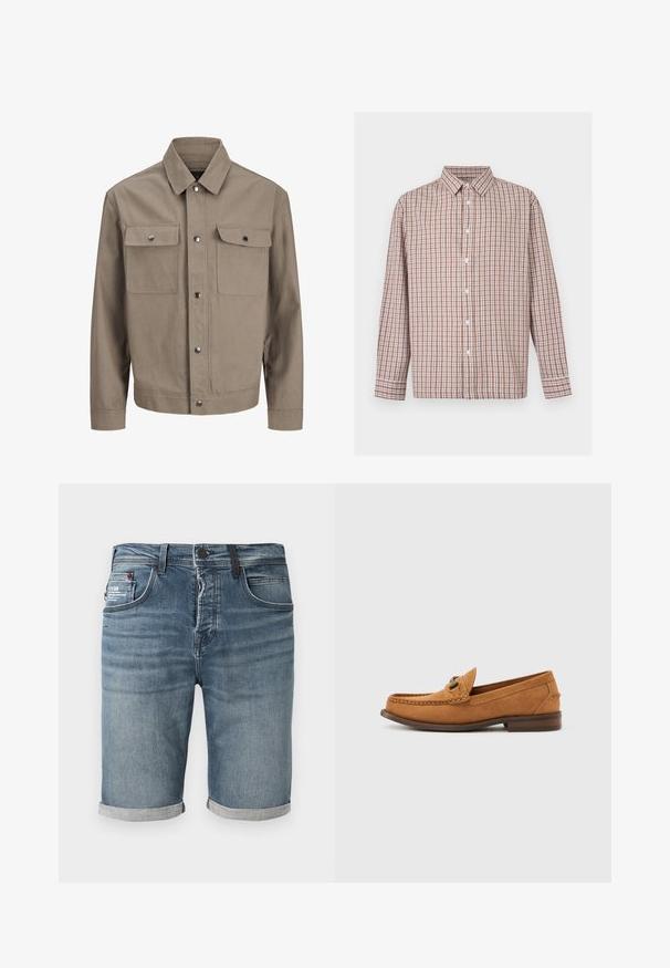 Veste beige à manches longues, fermeture à boutons devant, col en pointe et deux poches poitrine à rabat et boutons-pression.; Chemise à manches longues boutonnée avec motif à carreaux marron, blanc et beige et col classique.; Shorts en denim bleu avec revers roulés, fermeture avant à boutons, et cinq poches dont une petite poche à monnaie sur le côté droit.; Mocassin pour homme en daim marron clair avec détail en métal et couture mocassin, présenté en profil sur un fond blanc uni.