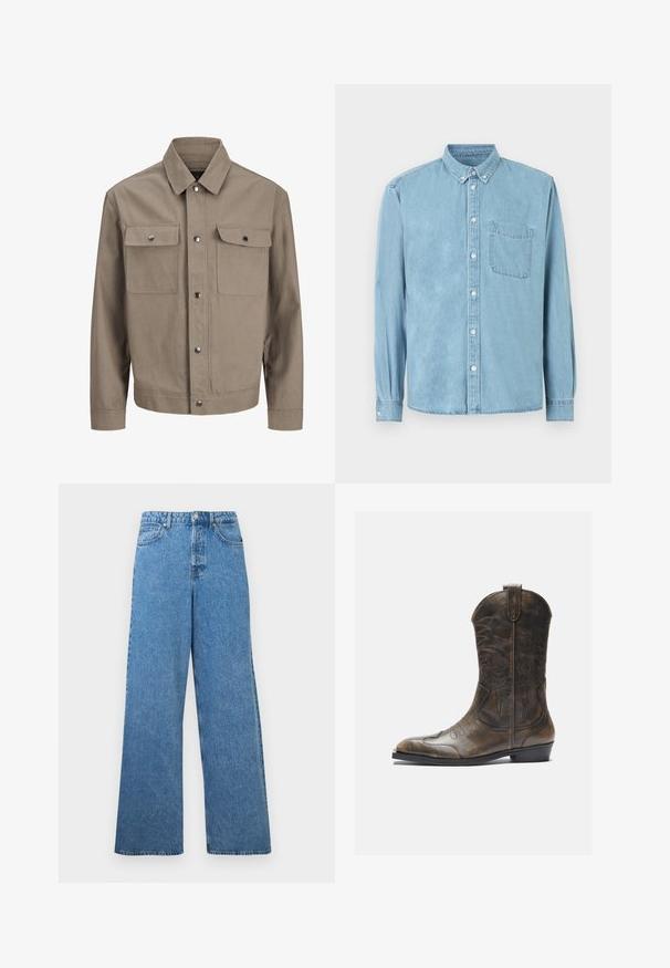 Veste beige à manches longues, fermeture à boutons devant, col en pointe et deux poches poitrine à rabat et boutons-pression.; Chemise en denim bleu clair à manches longues avec col boutonné, poche poitrine avant, et boutons blancs au centre et aux poignets.; Jean en denim bleu, taille haute, jambes larges, avec bouton frontal, fermeture éclair, passants pour ceinture, et poches à l'avant et à l'arrière.; Botte de cow-boy en cuir marron avec un long tige, un bout pointu, des motifs de couture complexes et un petit talon. Finition texturée tout au long.