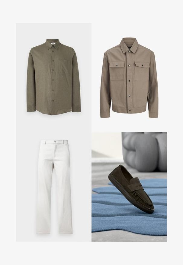 Veste beige à manches longues, fermeture à boutons devant, col en pointe et deux poches poitrine à rabat et boutons-pression.; Chemise à manches longues vert olive boutonnée, avec col et poche poitrine, présentée de face sur un fond gris clair uni.; Pantalon gris clair avec une coupe droite, fabriqué dans un tissu lisse, doté d'une fermeture à bouton à l'avant et de poches latérales.; Chaussure loafer en daim marron foncé flottant au-dessus d'un tapis bleu texturé avec des meubles gris sculptés flous en arrière-plan.