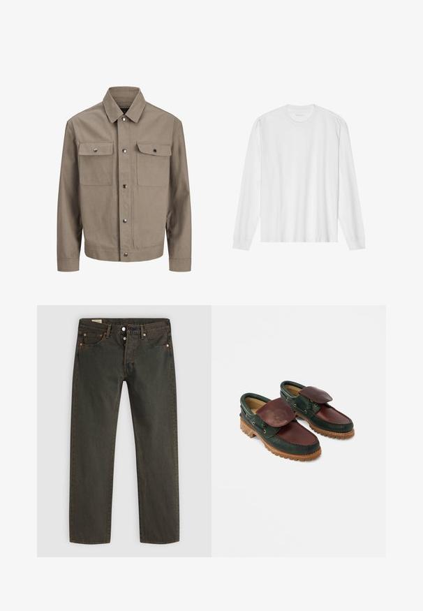 Beige jas met lange mouwen, knoopsluiting aan de voorkant, puntkraag en twee borstzakken met klep en drukknoop.; Wit, lang katoen T-shirt met lange mouwen en ronde hals, met geribde manchetten en een rechte zoom, een gladde textuur en een minimalistisch ontwerp.; Donkergroene jeans gemaakt van denim, met een rechte pijp, vijf zakken, hardware in kopertint en een subtiel waspatroon.; Leren schoenen met een donkergroene body en een wijnrode bovenkant, een ronde neus, een beveiligde klep en een gestructureerde rubberen zool met groeven.