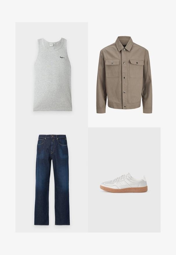 Veste beige à manches longues, fermeture à boutons devant, col en pointe et deux poches poitrine à rabat et boutons-pression.; Débardeur côtelé gris clair sans manches avec encolure ronde et petit logo noir "Pepe Jeans" sur la partie supérieure gauche de la poitrine.; Jean droit en denim bleu foncé avec poches avant, passants de ceinture et fermeture par bouton sur un fond uni.; Baskets argentées avec une texture lisse, un design à lacets, des accents perforés et une semelle en caoutchouc marron texturé.