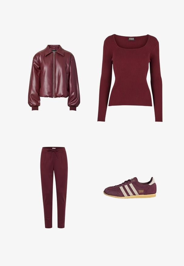 Burgundia säärli faux nahast bomber-jakk täis tõmblukuga, ülemõõduline krae ja elastsed mansetid. Sile tekstuur ja lühike disain.; Põlvpikkade varrukatega tikitud bordoo värvi pluus ruudukujulise kaelusega; pehme tekstuur ja keha järgnev lõige rõhutavad elegantset siluetti.; Burgundi värvi püksid, mis on valmistatud pehmest ja elastsetest materjalidest. Neil on tõmblukkude talje, ees pleatid ja kitsenevad sääred. Ühtlane sile tekstuur.; Burgundia sametnööridega toss, millel on kolm horisontaalset kreemjat triipu, kuldne "adidas JAPAN" logo ja tekstureeritud pruun kummist välistald.