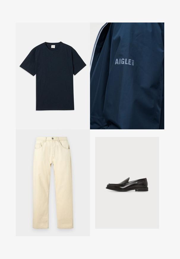 Donkerblauwe jas mouw met het logo "AIGLE 1853" gedrukt in lichtgrijs nabij de bovenarm.; Effen donkermarineblauwe t-shirt met korte mouwen en ronde hals, voorzien van een klein reliëflogo nabij de onderzoom.; Beige rechte broek met ceintuurlussen, een knoop- en ritssluiting en voor- en achterzakken op een effen achtergrond.; Zwarte leren instaploafer met lage hak en gestikte details, zijlabel, op een effen witte achtergrond.