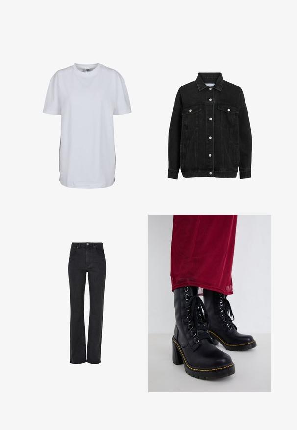 Zwart denimjack met lange mouwen, knoopsluiting aan de voorkant, borstflapzakken en zijzakken met openingen, weergegeven op een witte achtergrond.; Effen wit T-shirt met korte mouwen en ronde hals, met een rechte zoom en een klein zichtbaar merklabel binnenin de kraag.; Zwarte skinny jeans met rechte pijpen, hoog in de taille, gemaakt van denim, met een sluiting met een knoop aan de voorkant en een ontwerp met vijf zakken met subtiele stikdetails.; Zwarte leren enkelboots met een chunky hak, voorzien van een vetersluiting, zilveren ogen en gele stiksels langs de zool.