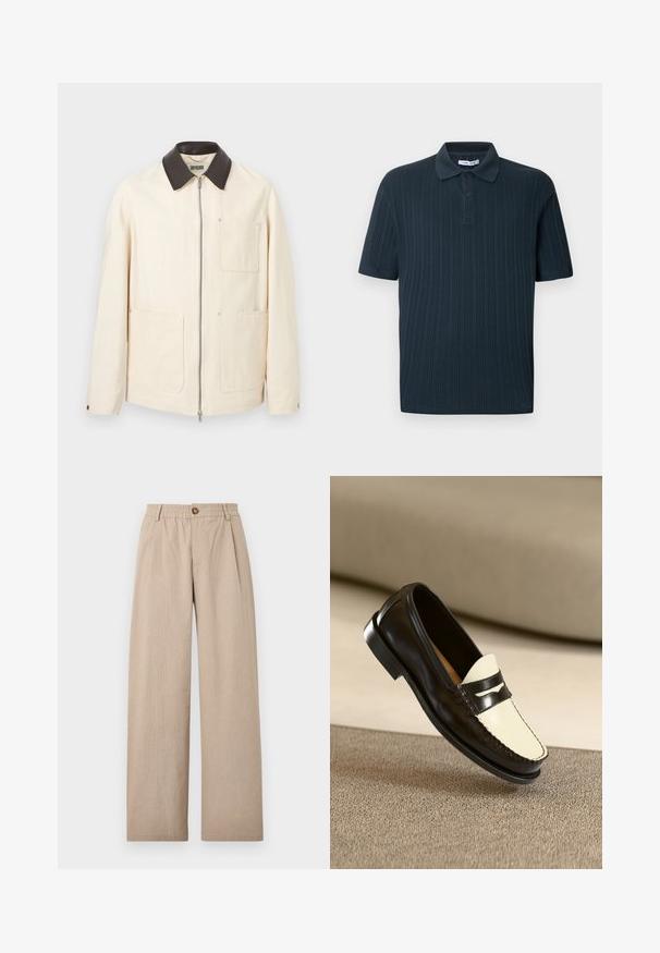 Cremefarbener Blazer mit schwarzem Kragen, Frontreißverschluss und drei großen aufgesetzten Taschen, zwei unten und eine auf der Brust.; Marineblaues Polohemd mit kurzen Ärmeln und geripptem Stoff, mit Kragen und einer Leiste mit drei Knöpfen.; Beige weit geschnittene Hosen mit strukturiertem Finish, versehen mit Falten und einem elastischen Bund, der vorne mit einem bronzefarbenen Knopf gesichert ist.; Schwarze Lederloafer mit einem cremefarbenen Schaft und schwarzen Akzentstreifen, ausgestattet mit einem niedrigen Absatz und detaillierter Naht entlang der Kanten.