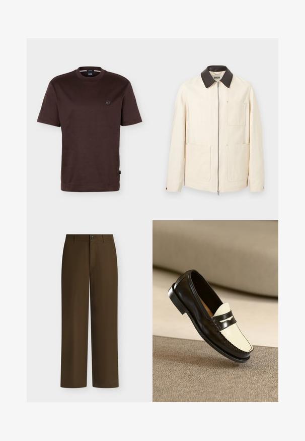 Veste couleur crème avec col noir, fermeture éclair avant et trois grandes poches plaquées, deux en bas et une sur la poitrine.; T-shirt à manches courtes, col rond, uni de couleur marron foncé, avec un petit logo rond sur la poitrine gauche et une étiquette de marque noire sur la couture latérale.; Pantalon marron droit avec passants de ceinture, fermeture avant par bouton et zip, présenté sur un fond clair uni.; Mocassin en cuir noir avec un empeigne crème et des rayures noires, présentant un petit talon et des coutures détaillées le long des bords.