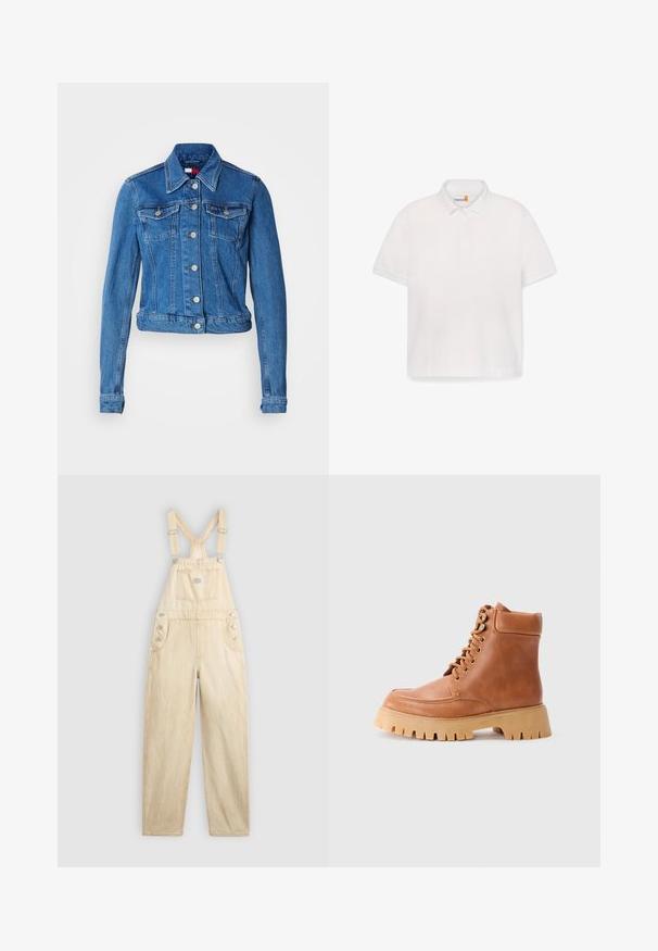 Spijkerjack in lichtblauw. Voorzien van een kraag, knoopsluiting aan de voorkant en twee borstzakken. Korte pasvorm met lange mouwen en een gladde textuur.; Wit poloshirt van katoen met een kraag, geribbelde manchetten, een knoopsluiting met twee knopen en een subtiel geborduurd logo op de borst.; Lichtbeige overall van denim, met een vierkante zak, verstelbare banden, drukknoopsluitingen aan de zijkant en een wijde pijp.; Tan leren veterschoenen tot de enkel met een gevoerde kraag en een dikke, geribbelde rubberen zool op een effen lichte achtergrond.