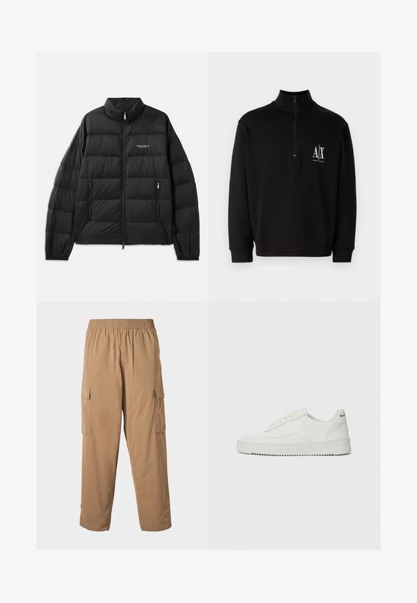 Doudoune noire avec un design matelassé, col haut, fermeture zip sur toute l'avant, et deux poches zippées. Avec logo sur la poitrine gauche.; Sweatshirt zippé noir en mélange de coton. Il présente un col haut, des poignets côtelés et un petit logo blanc sur la poitrine gauche.; Pantalons cargo beiges avec une taille élastique, dotés de plusieurs poches latérales et d'une texture légère et lisse. Design à jambe droite.; Baskets en cuir blanc avec une finition lisse, bout arrondi, lacets plats et semelle texturée. Présente un logo discret sur le talon.