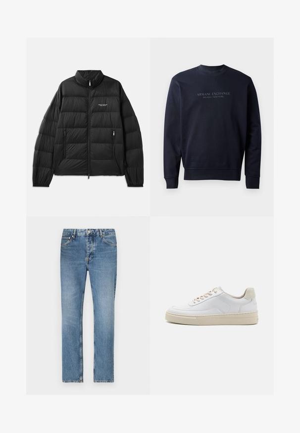 Doudoune noire avec un design matelassé, col haut, fermeture zip sur toute l'avant, et deux poches zippées. Avec logo sur la poitrine gauche.; Sweatshirt bleu marine en matériau doux, avec un col rond et des poignets côtelés, ornés du texte en relief "ARMANI EXCHANGE MILANO / NEW YORK".; Jean en denim bleu clair avec une coupe droite, cinq poches et une fermeture à glissière. Détails de décoloration et de couture distincts.; Sneaker blanche avec un dessus en cuir lisse, des lacets beige et un onglet de talon en daim beige texturé. Semelle surélevée pour une hauteur supplémentaire.