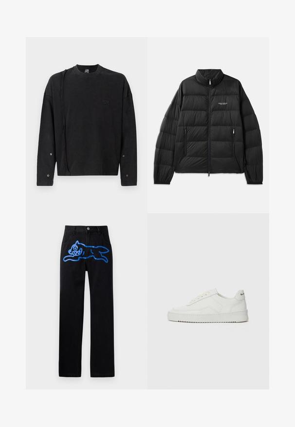 Mustat puhvatakki, jossa on neliskulmainen muotoilu, korkeakauluksellinen, täysipitkä vetoketju ja kaksi vetoketjullista taskua. Ominaisuuksia, kuten logo vasemmassa rinnassa.; Mustapaita, jossa on pitkät hihat ja pyöreä kaula-auko, edessä on hienovarainen logo ja napitus yksityiskohtia hihoissa. Paita on valmistettu pehmeästä kankaasta.; Musta farkut rentona istuvalla leikkauksella, joissa on elävä sininen graafinen kuva hyppäävästä kissasta edessä. Klassinen viiden taskun muotoilu.; Valkoinen nahkakenkä, jossa on sileä pinta, pyöreä kärki, tasaiset nauhat ja teksturoitu pohja. Sisältää huomaamattoman logon kantapäässä.
