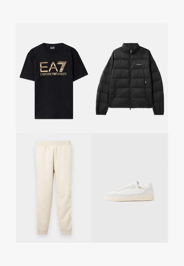 Schwarze Daunenjacke mit gestepptem Design, hohem Kragen, durchgehendem Reißverschluss und zwei Reißverschlusstaschen. Mit Logo auf der linken Brust.; Schwarzes Baumwoll-T-Shirt mit kurzen Ärmeln, auf dessen Vorderseite ein in Gold gedrucktes "EA7 EMPORIO ARMANI" Logo prangt. Schlichtes Design, Rundhalsausschnitt.; Helle beige Sweatpants aus weichem Stoff mit taillierter Passform, elastischem Bund und Bündchen an den Knöcheln. Keine sichtbaren Muster oder Akzente.; Weißer Sneaker mit strukturiertem Obermaterial aus Wildleder und Leder. Verfügt über eine runde Zehenpartie, Schnürverschluss und eine kontrastierende beige Gummisohle.