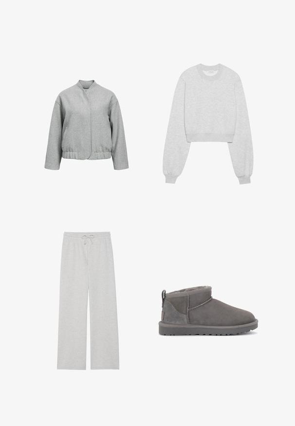 Grå uldjakke med en afslappet pasform, trykknaplukning, sidelommer og en cropped nederkant. Den har en blød tekstur og et minimalistisk design.; Afskåret sweatshirt i lys grå stof, med lange ærmer, rund halsudskæring, ribbede ærmer og en subtil tekstur.; Lys grå træningsbukser i blød bomuldsblanding, med en vidde ben-design, elastisk talje med justerbar snor og uden lommer.; Grå ruskinds ankelstøvler med en blød indersål, minimal syning og en formstøbt gummisål. Har en løkke bagpå.
