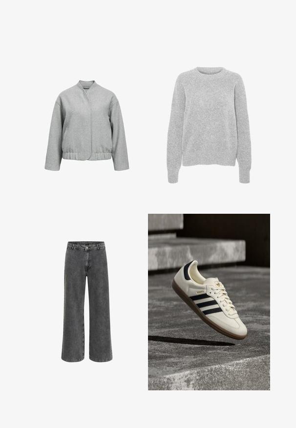 Grå uldjakke med en afslappet pasform, trykknaplukning, sidelommer og en cropped nederkant. Den har en blød tekstur og et minimalistisk design.; Grå strikket sweater med lange ærmer, rund halsudskæring, ribbede manchetter og kant, med en blød struktur og afslappet pasform.; Bredde bukser i falmet sort denim med en klassisk knaplukning, fem lomme-design og en let tekstureret finish.; Hvid Adidas Samba sneaker med sorte striber og gummsål, svævende over teksturerede grå betonstrin.