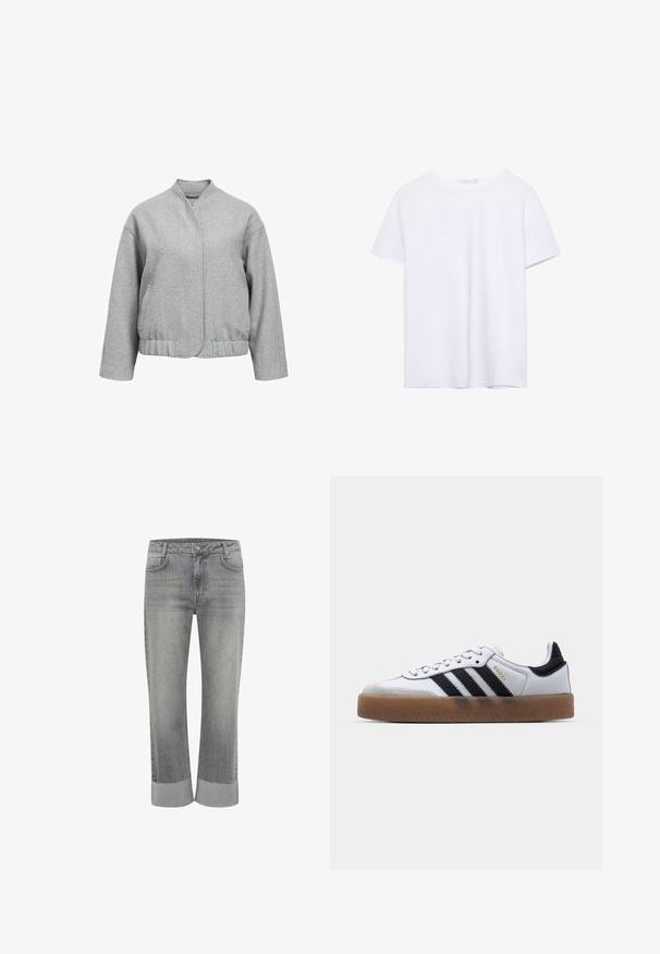 Graue Wolljacke mit lässiger Passform, Druckknopfverschluss, seitlichen Taschen und cropped Saum. Sie verfügt über eine weiche Textur und ein minimalistisches Design.; Ein einfarbiges weißes T-Shirt mit kurzen Ärmeln und Rundhalsausschnitt, mit geradem Saum, auf einem weißen Hintergrund präsentiert.; Graue Denim-Jeans mit einem geraden Bein-Design und einem umgeschlagenen Saum. Klassischer Fünf-Taschen-Stil und eine vordere Knopfleiste.; Weiße Leder Sneakers mit schwarzen Streifen, Gummigummi-Außensohle, runder Zehenform, Schnürverschluss und weichem grauem Wildleder-Zehenkappe.