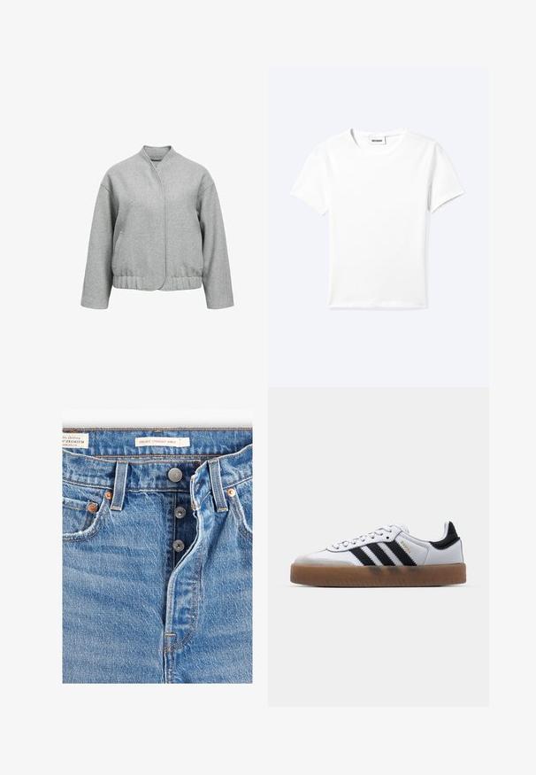 Grå uldjakke med en afslappet pasform, trykknaplukning, sidelommer og en cropped nederkant. Den har en blød tekstur og et minimalistisk design.; Ensfarvet hvid t-shirt med korte ærmer og rund halsudskæring med en lille "WEEKDAY" label indeni halskanten, vist fladt på en lys baggrund.; Lyseblå denim jeans med lige ankelpasform. Indeholder fem lommer, to metalknapper og synlig orange syning. Der er mærker til stede.; Hvide lædersneakers med sorte striber, gummirubber sål, rund tå, snørelukning og blød grå ruskinds tåhætte.