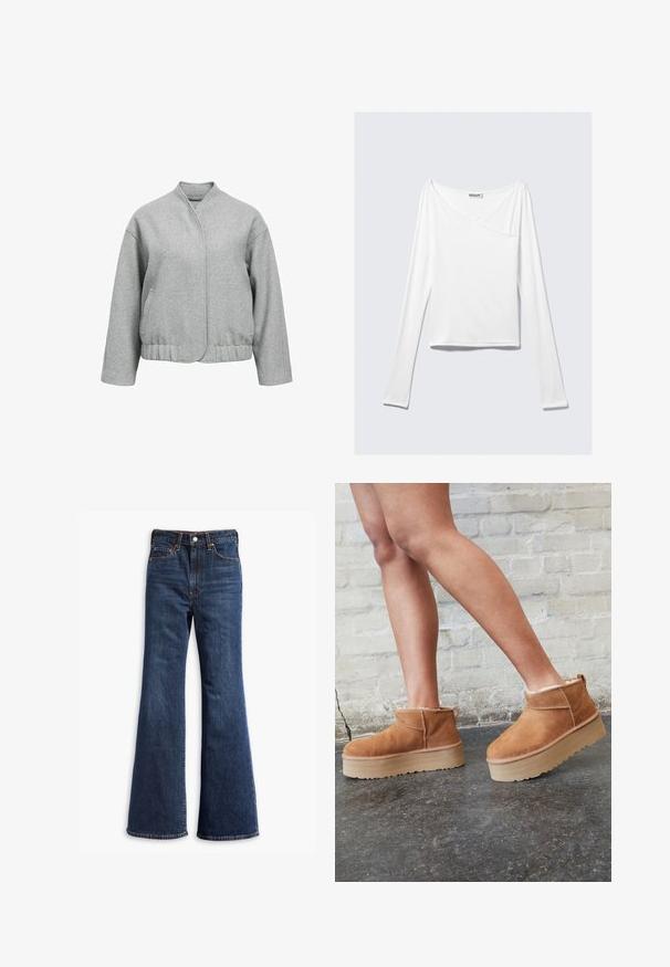 Veste en laine grise avec une coupe décontractée, fermeture à pression, poches latérales et hem court. Présente une texture douce et un design minimaliste.; Haut blanc à manches longues avec un design croisé et une poche. Fabriqué dans un tissu lisse et extensible. Coupé dans une coupe décontractée et ample.; Jeans en denim bleu foncé taille haute avec jambes évasées, fermeture à boutons et zip à l'avant, et conception à cinq poches.; Bottines en suède marron avec une doublure en peluche, semelle épaisse en beige et une poignée à l'arrière. Surface texturée avec des détails de couture visibles.