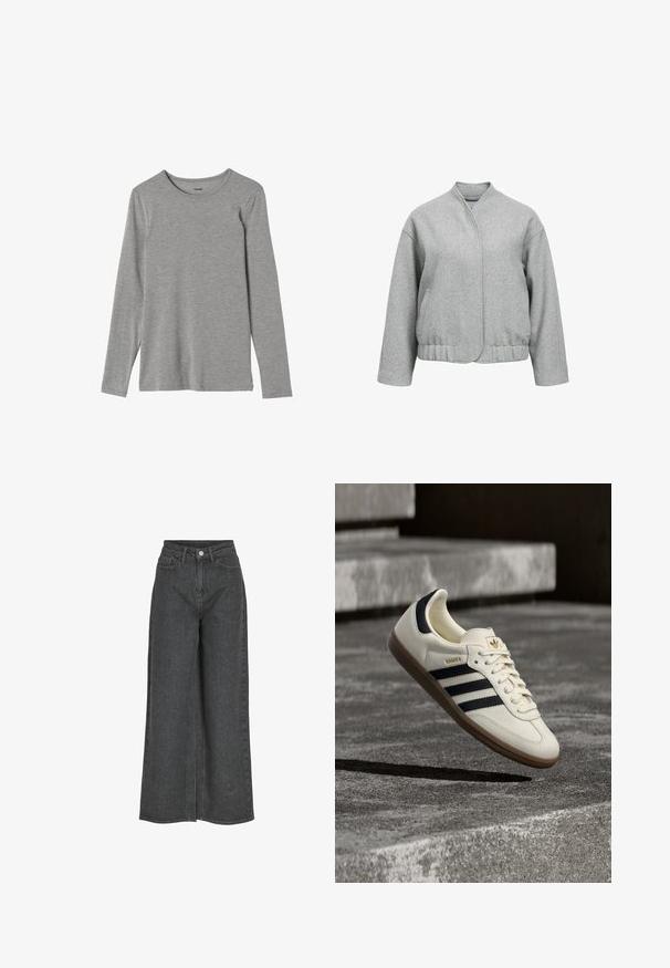Chaqueta de lana gris con un ajuste relajado, cierre a presión, bolsillos laterales y un dobladillo corto. Presenta una textura suave y un diseño minimalista.; Camiseta de manga larga gris hecha de tejido suave, con cuello redondo y corte recto; textura lisa sin patrones ni adornos.; Jeans de pierna ancha de talle alto en denim gris oscuro, con cierre frontal de botón, dos bolsillos laterales y costuras limpias.; Zapatilla blanca Adidas Samba con franjas negras y suela de goma, flotando sobre escalones de hormigón gris texturizado.