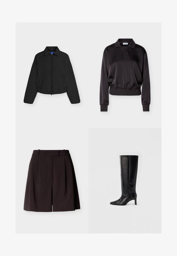 Veste courte noire avec fermeture éclair à l'avant, col pointu, deux poches inclinées et poignets élastiqués aux manches longues.; Polo en satin noir à manches longues avec poignets et ourlet côtelés, présentant un logo brodé subtil sur la poitrine.; Shorts taille haute marron foncé avec passants pour ceinture, fermeture éclair à l'avant, plis et ourlet légèrement évasé sur un fond clair.; Bottes noires montantes en cuir lisse, avec un bout pointu et un talon fin, une tige ajustée et un design minimaliste.