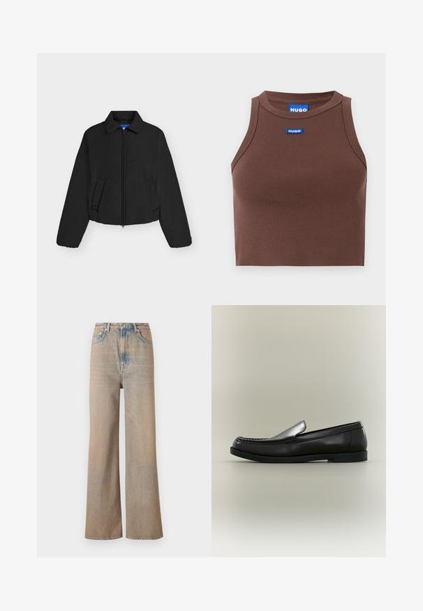 Veste courte noire avec fermeture éclair à l'avant, col pointu, deux poches inclinées et poignets élastiqués aux manches longues.; Haut court côtelé marron avec un col rond et des coutures renforcées, avec une étiquette rectangulaire bleue portant le logo HUGO sur le devant.; Jean large en délavé clair à taille haute, en denim. Comprend des coutures discrètes et cinq poches, avec une texture légèrement décolorée.; Mocassin en cuir noir avec couture moc toe, petit talon et design à enfiler sur fond neutre.