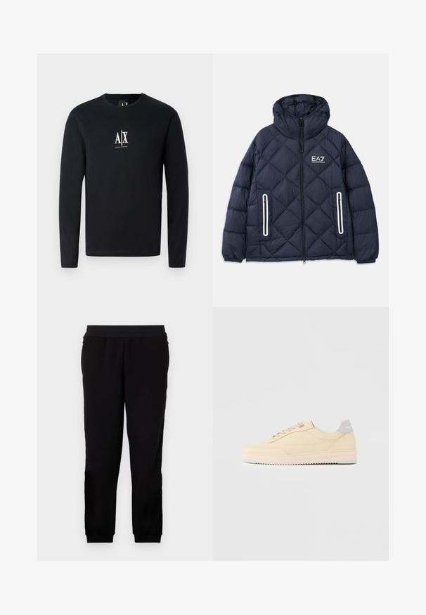 Chaqueta acolchada tipo puffer de color azul marino con capucha, cremallera frontal, dos bolsillos verticales con cremallera y ribete blanco, y logo de EA7 Emporio Armani en el pecho.; Camiseta negra de manga larga de algodón, con un logo blanco de A|X en el pecho. Tiene un cuello redondo y un diseño de dobladillo recto.; Pantalones de chándal negros hechos de un material suave, con una banda elástica en la cintura, puños ajustados y bolsillos laterales para mayor comodidad.; Zapatilla deportiva beige de corte bajo con cierre de cordones en la parte delantera, suela rosa claro y lengüeta trasera gris con la marca "Filling Pieces", mostrada de perfil sobre un fondo liso.
