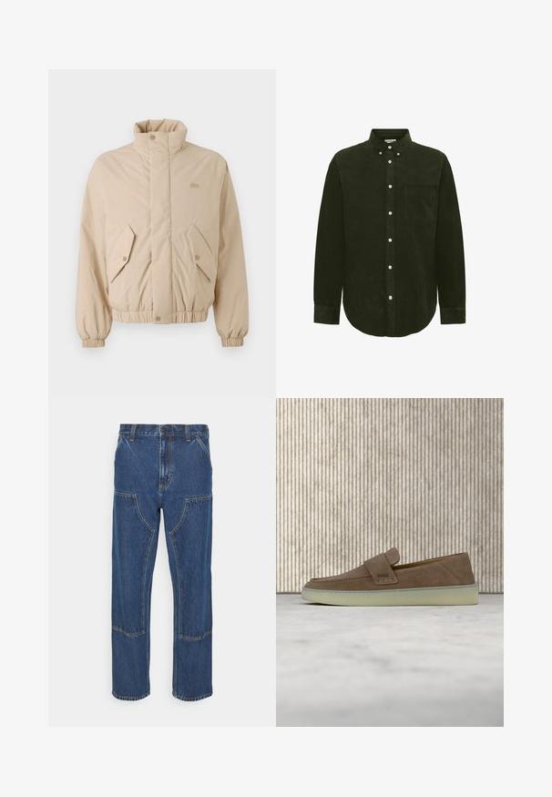 Beige polstret jakke med høj krave, elastiske manchetter og to skrå frontlommer. Har brandlogo broderet i matchende farve.; Minimum COLT - Skjorter - rosin; Blå denim jeans med lige ben, frontlappelommer og kontrasterende syninger. Stoffet har en klassisk tekstur og finish.; Beige ruskind slip-on loafer med hvid gummisål og BOSS-logo på sidestroppen, vist mod en ensfarvet neutral baggrund.