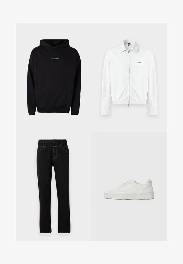 Hvid fløjljakke med fuld frontlynlås, krave, sidelommer og "Armani Exchange Milano" logo på brystet.; Sort hættetrøje med frontlomme og hvid tekst "VISION OF SUPER" på brystet. Lavet af blødt stof med ribbede manchetter.; Sorte denim jeans med lige pasform, prydet med gule syninger, fem lommer og en frontlukning med knap. Glat tekstur og minimalistisk design.; Hvide lædersneakers med en glat overflade, rund tå, flade snørebånd og en tekstureret sål. Har et diskret logo på hælen.