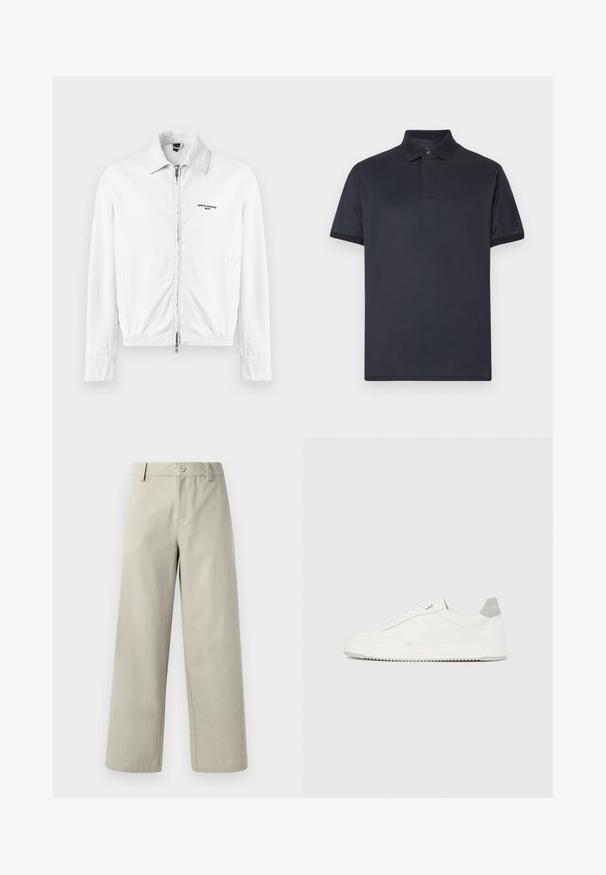 Valge korkkangast jakk, millel on täispikk tõmblukk, krae, küljetaskud ja "Armani Exchange Milano" logo rinnal.; Tumesinine polo-särk, valmistatud siidiselt läikivast puuvillast. Omadused: klassikaline krae, lühikesed varrukad ja tagasihoidlik logo rindkerel.; Han Kjøbenhavn WIDE LEG - Püksid - light grey; Valge madala lõikega tennisking halli kandklambri, valgete paelte ja tekstuuriga tallaga, esitletud ühtlasel heledal taustal.